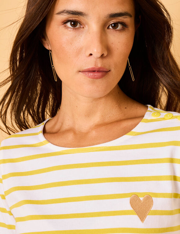 T-shirt marinière broderie coeur doré en coton biologique(**) (blanc / anis) T-shirt marinière broderie coeur doré en coton biologique(**) (blanc / anis)